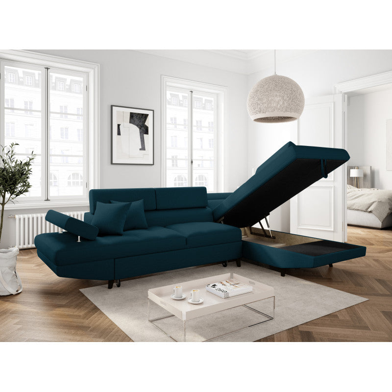 ROX SCANDINAVE - Canapé d'angle convertible avec coffre pieds bois noir en tissu - Bleu pétrole - Angle droit (vue de face)