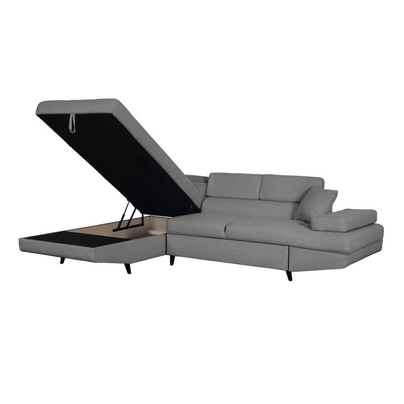 ROX SCANDINAVE - Canapé d'angle convertible avec coffre pieds bois noir en tissu - Gris clair