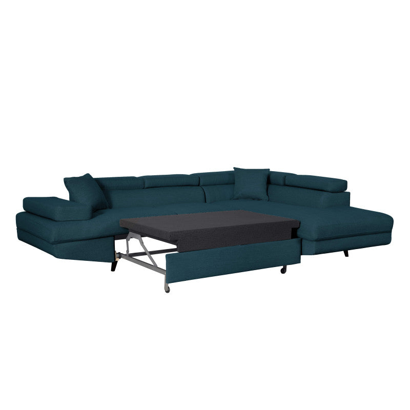 ROX SCANDINAVE - Canapé d'angle convertible avec coffre pieds bois noir en tissu - Bleu pétrole - Angle droit (vue de face)