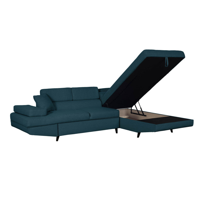 ROX SCANDINAVE - Canapé d'angle convertible avec coffre pieds bois noir en tissu - Bleu pétrole - Angle droit (vue de face)