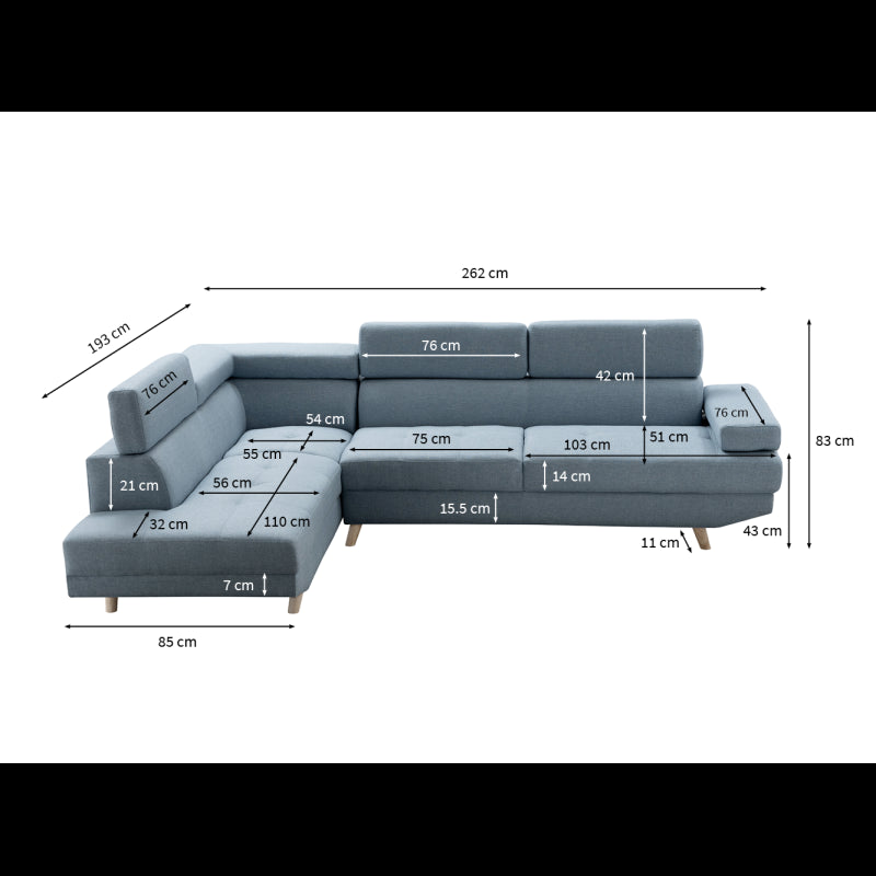 RX032 - Canapé d'angle droit style scandinave en tissu - Bleu