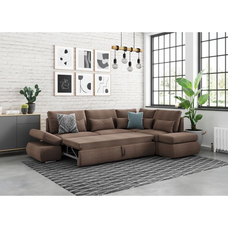 LIORA - Canapé d'angle réversible convertible avec coffre en tissu - Marron