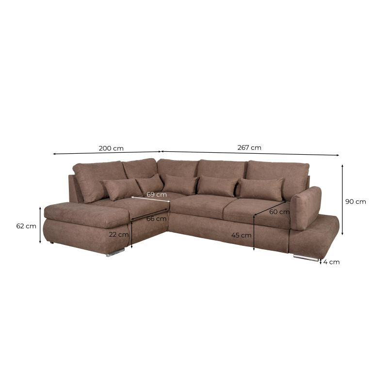 LIORA - Canapé d'angle réversible convertible avec coffre en tissu - Marron