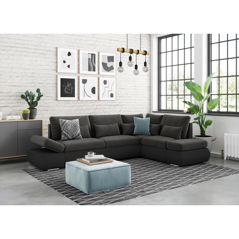 LIORA - Canapé d'angle réversible convertible avec coffre PU et tissu - Gris foncé/noir