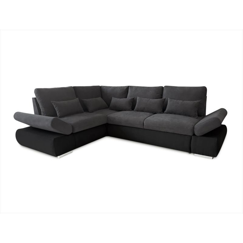 LIORA - Canapé d'angle réversible convertible avec coffre PU et tissu - Gris foncé/noir