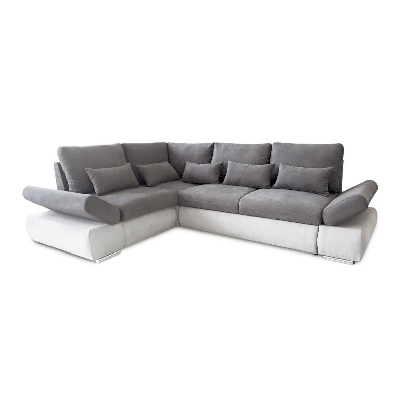 LIORA - Canapé d'angle réversible convertible avec coffre PU et tissu - Blanc/gris clair