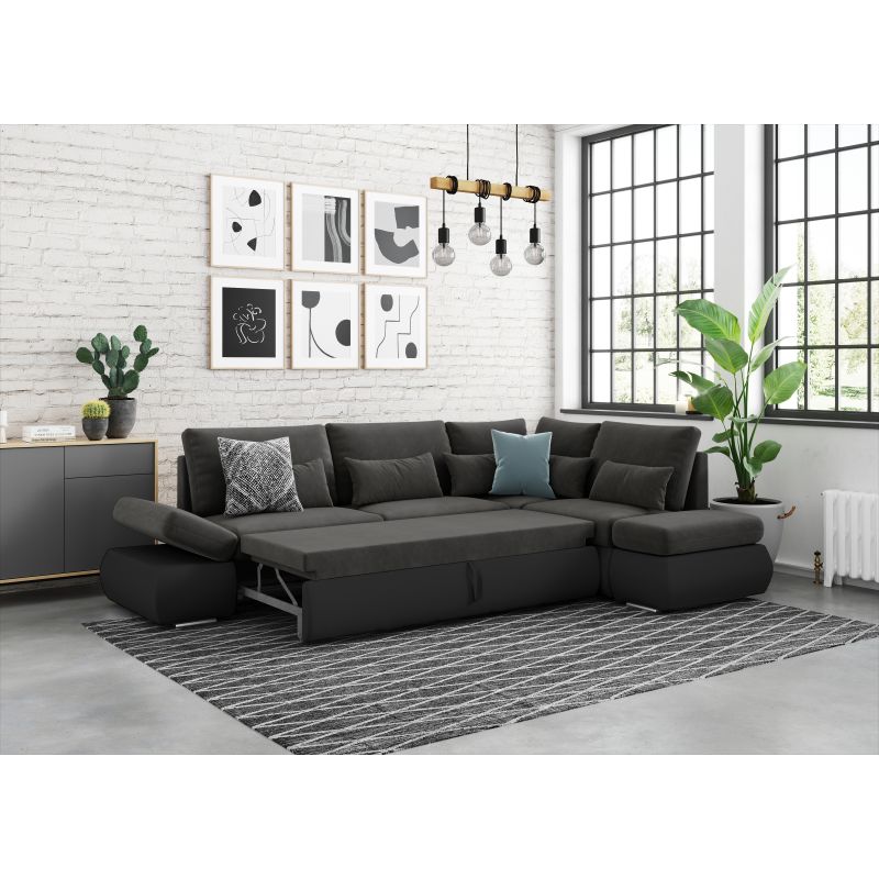 LIORA - Canapé d'angle réversible convertible avec coffre PU et tissu - Gris foncé/noir