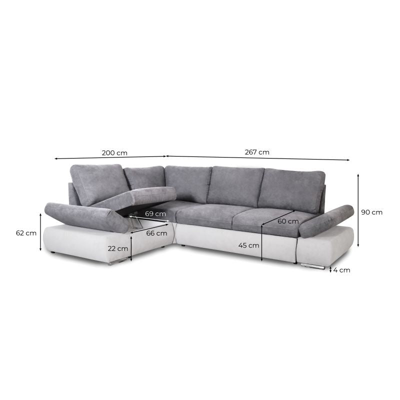 LIORA - Canapé d'angle réversible convertible avec coffre PU et tissu - Gris foncé/noir