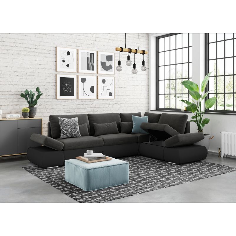 LIORA - Canapé d'angle réversible convertible avec coffre PU et tissu - Gris foncé/noir