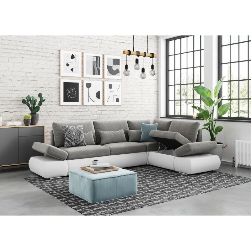 LIORA - Canapé d'angle réversible convertible avec coffre PU et tissu - Blanc/gris clair