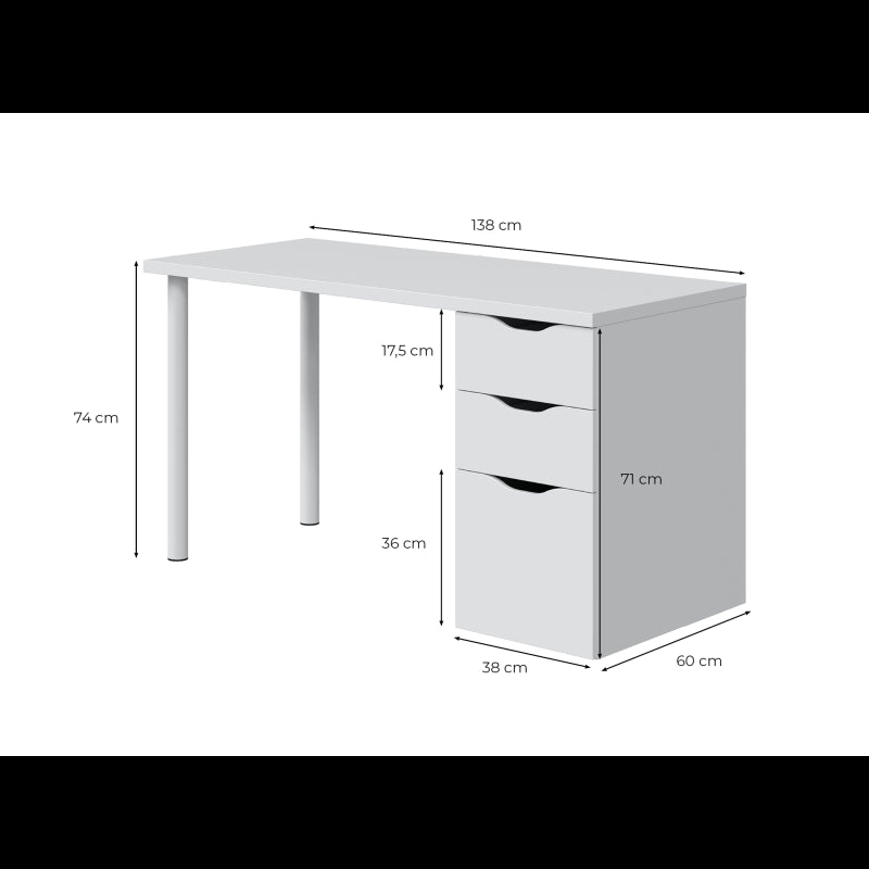 SIMPLY - Bureau réversible avec caisson 2 tiroirs L138 cm - Blanc