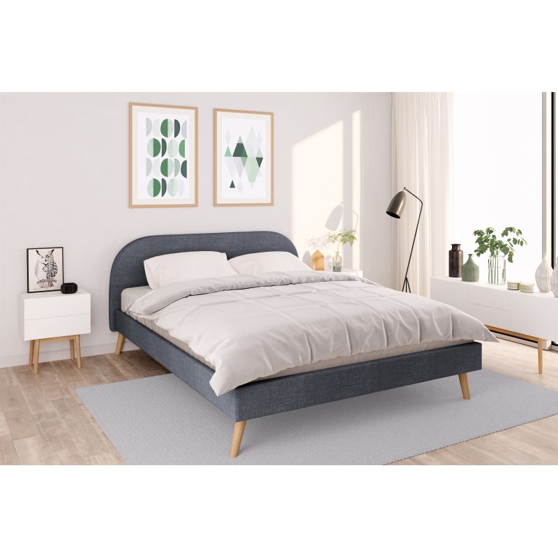 SOMIA - Cadre de lit scandinave avec tête de lit et sommier à lattes en tissu - Gris foncé - 160x200 cm