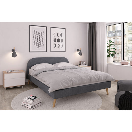 SOMIA - Cadre de lit scandinave avec tête de lit et sommier à lattes en tissu - Gris foncé - 140x190 cm