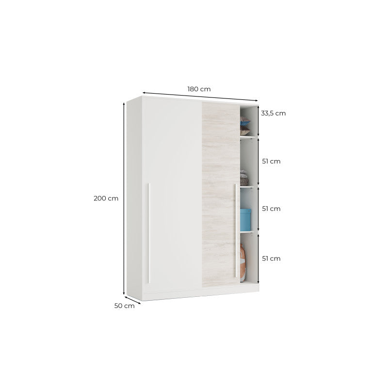 SPADINO - Armoire 2 portes coulissantes avec penderie L120 x H200 cm - Blanc/bois