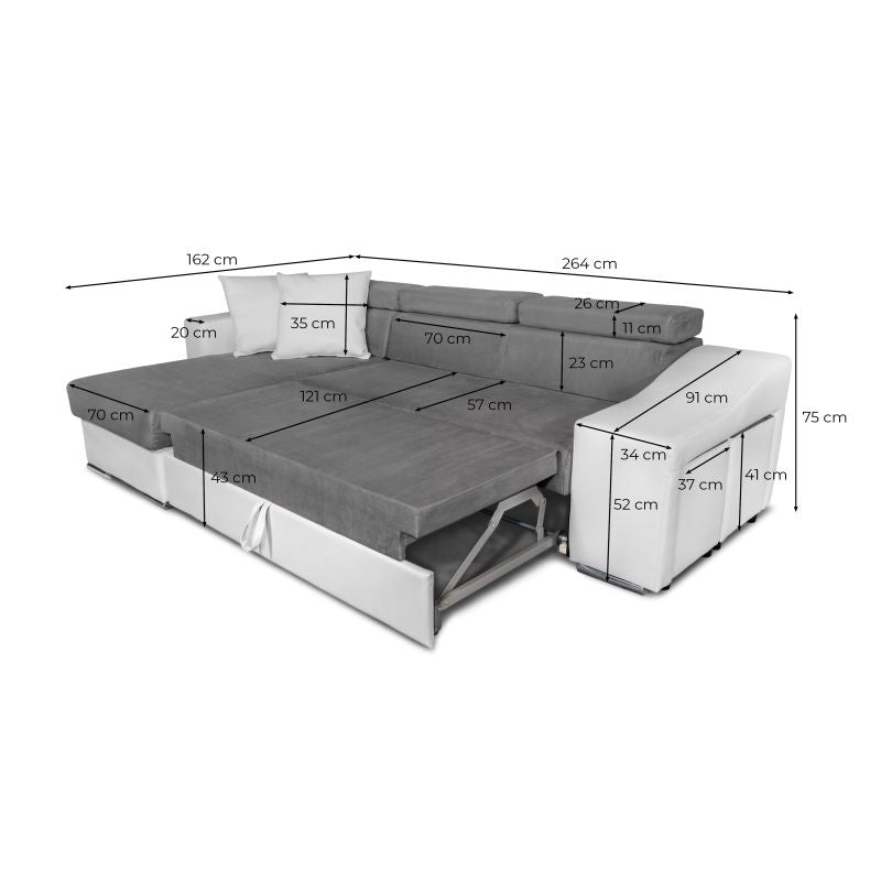 FERRO - Canapé d'angle réversible, convertible avec coffre et 2 poufs en microfibre et simili - Gris/blanc - Niche à gauche (vue de face)