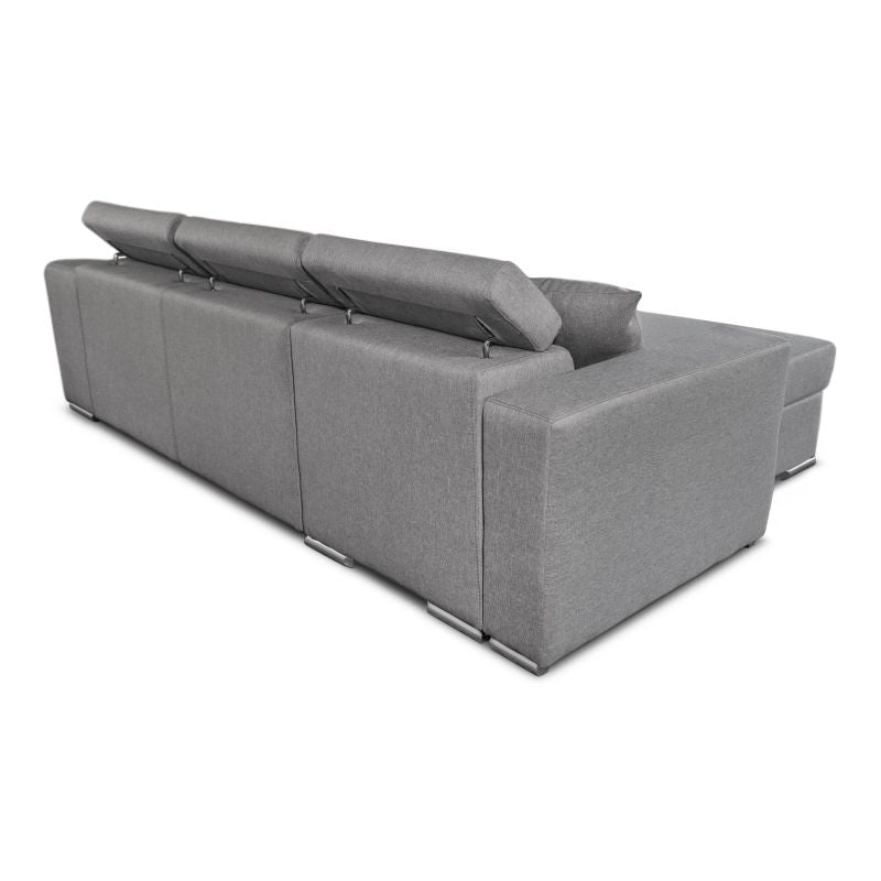 FERRO - Canapé d'angle réversible, convertible avec coffre et 2 poufs en tissu - Gris - Niche à droite (vue de face)