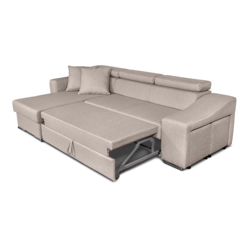 FERRO - Canapé d'angle réversible, convertible avec coffre et 2 poufs en tissu - Beige - Niche à droite (vue de face)