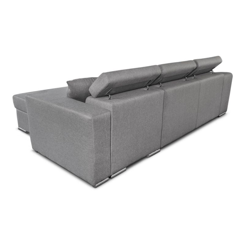 FERRO - Canapé d'angle réversible, convertible avec coffre et 2 poufs en tissu - Gris - Niche à gauche (vue de face)