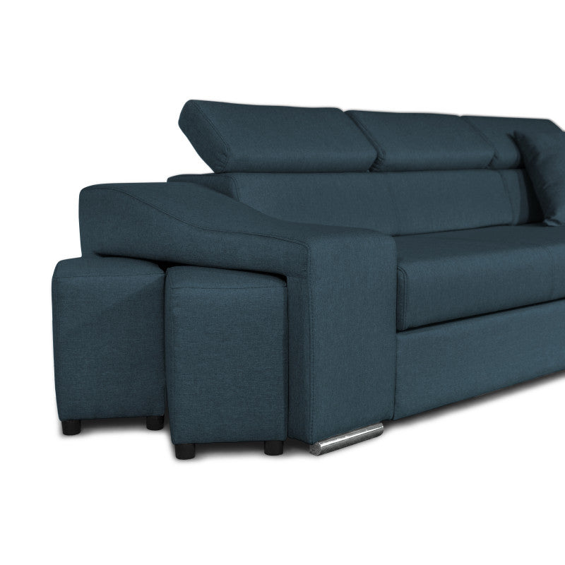 FERRO - Canapé d'angle réversible, convertible avec coffre et 2 poufs en tissu - Bleu pétrole - Niche à gauche (vue de face)