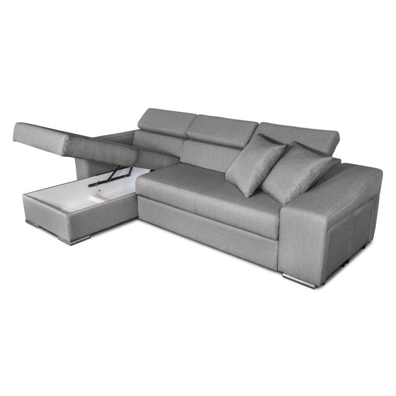 FERRO - Canapé d'angle réversible, convertible avec coffre et 2 poufs en tissu - Gris - Niche à droite (vue de face)