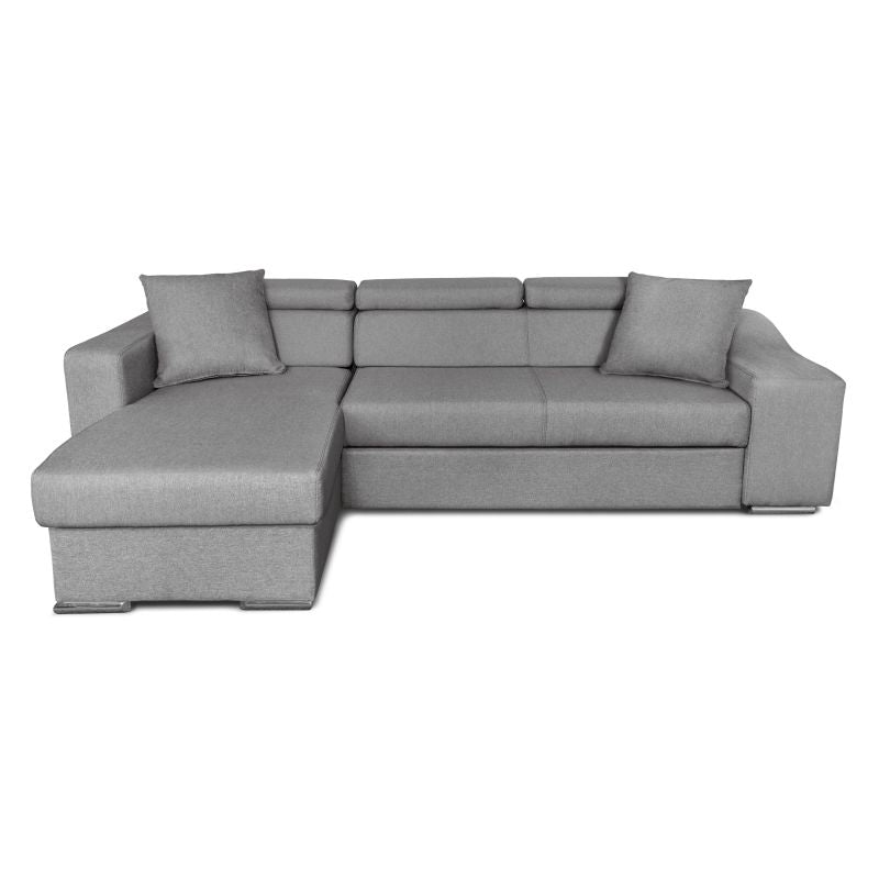 FERRO - Canapé d'angle réversible, convertible avec coffre et 2 poufs en tissu - Gris - Niche à droite (vue de face)