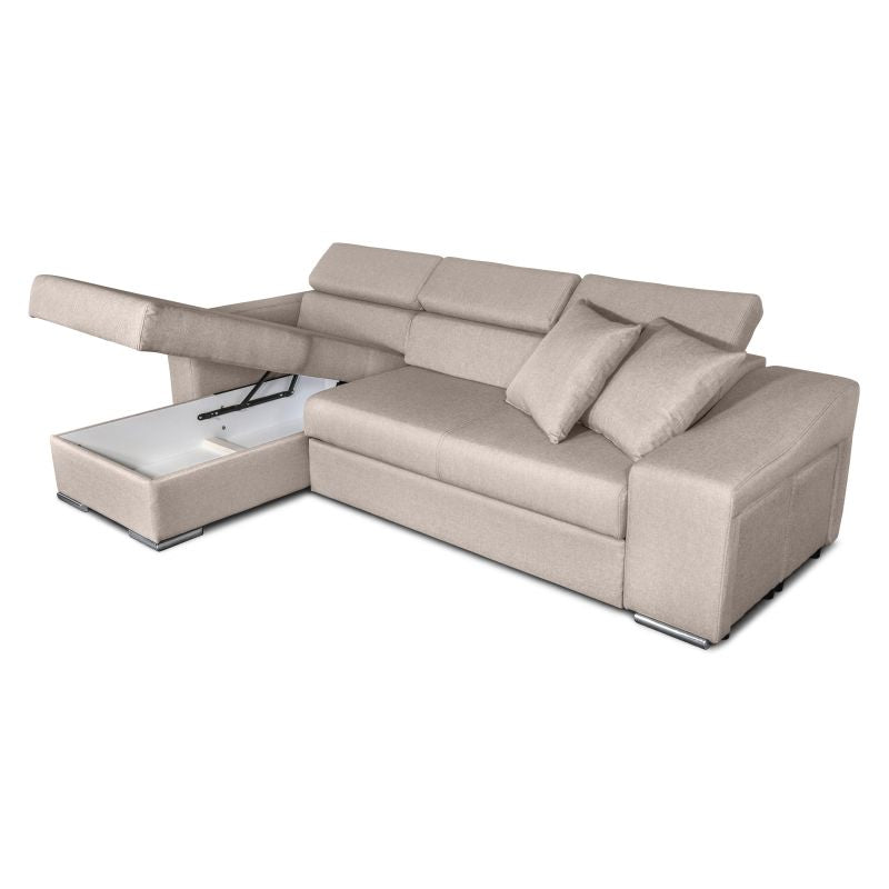 FERRO - Canapé d'angle réversible, convertible avec coffre et 2 poufs en tissu - Beige - Niche à droite (vue de face)