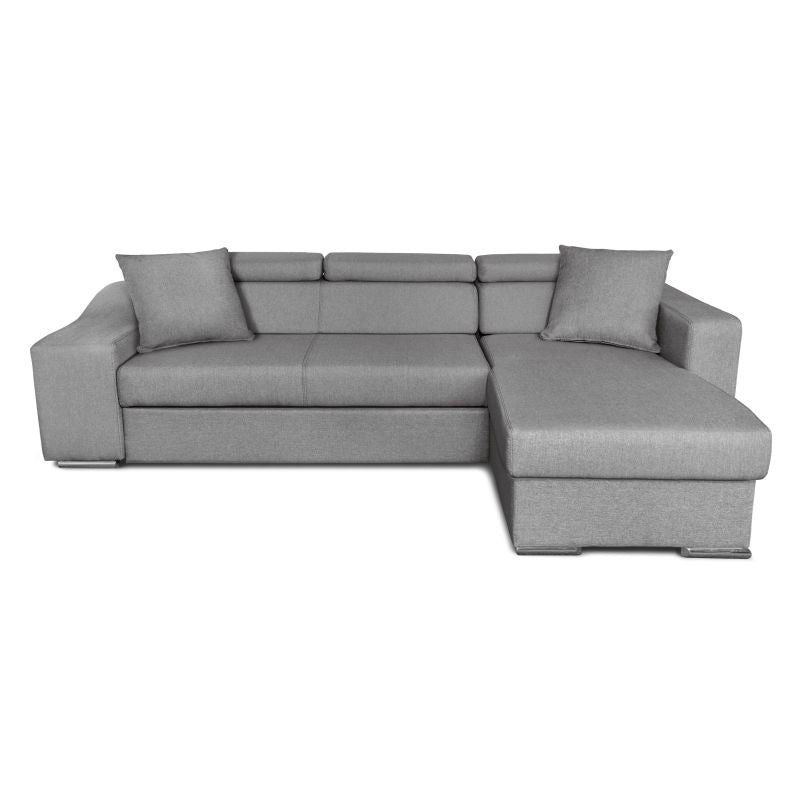 FERRO - Canapé d'angle réversible, convertible avec coffre et 2 poufs en tissu - Gris - Niche à gauche (vue de face)