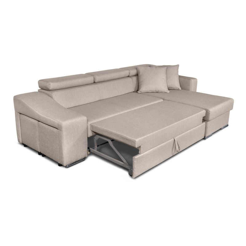 FERRO - Canapé d'angle réversible, convertible avec coffre et 2 poufs en tissu - Beige - Niche à gauche (vue de face)