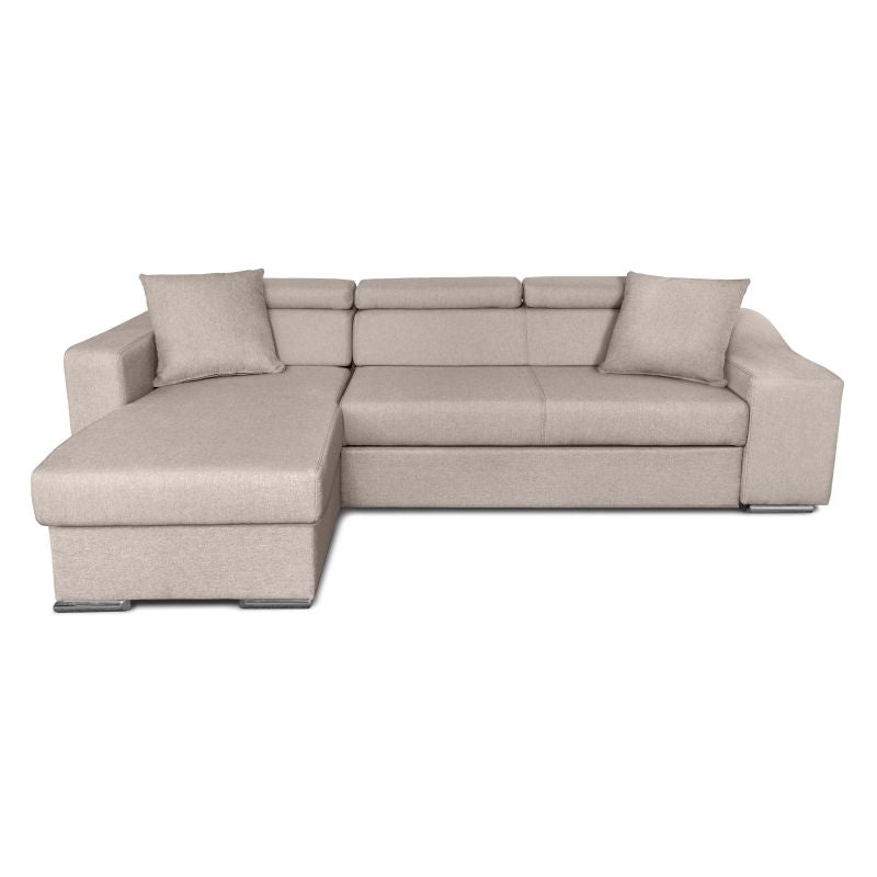 FERRO - Canapé d'angle réversible, convertible avec coffre et 2 poufs en tissu - Beige - Niche à droite (vue de face)