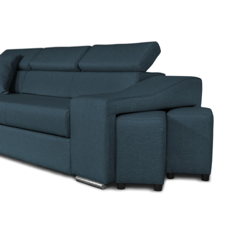 FERRO - Canapé d'angle réversible, convertible avec coffre et 2 poufs en tissu - Bleu pétrole - Niche à droite (vue de face)