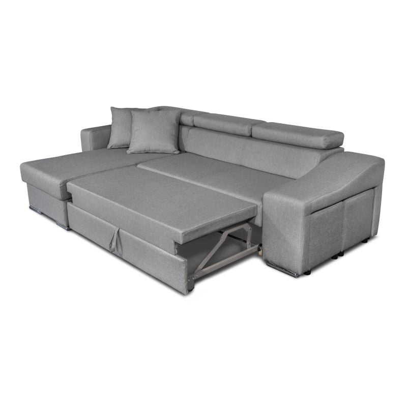 FERRO - Canapé d'angle réversible, convertible avec coffre et 2 poufs en tissu - Gris - Niche à droite (vue de face)