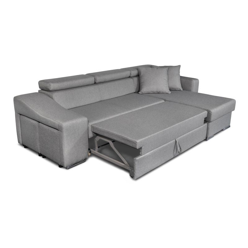 FERRO - Canapé d'angle réversible, convertible avec coffre et 2 poufs en tissu - Gris - Niche à gauche (vue de face)