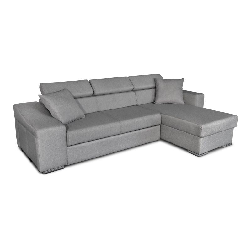 FERRO - Canapé d'angle réversible, convertible avec coffre et 2 poufs en tissu - Gris - Niche à gauche (vue de face)