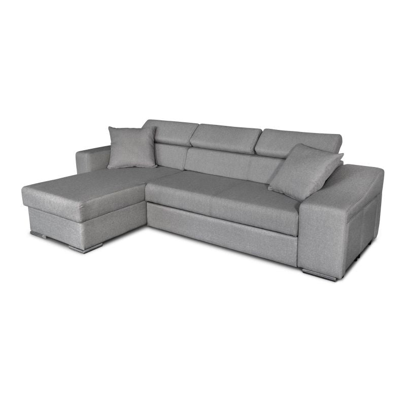 FERRO - Canapé d'angle réversible, convertible avec coffre et 2 poufs en tissu - Gris - Niche à droite (vue de face)