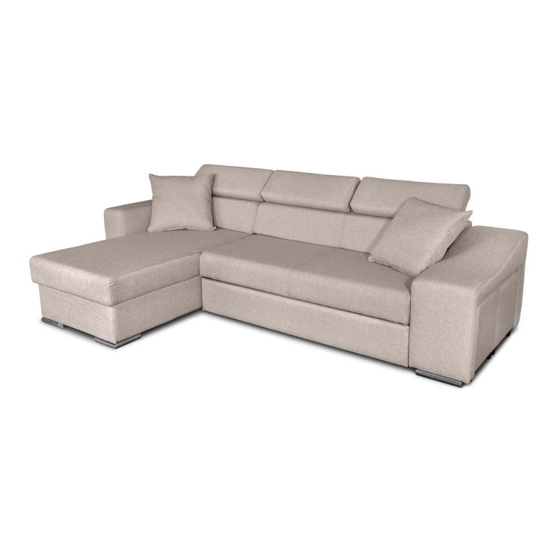 FERRO - Canapé d'angle réversible, convertible avec coffre et 2 poufs en tissu - Beige - Niche à droite (vue de face)