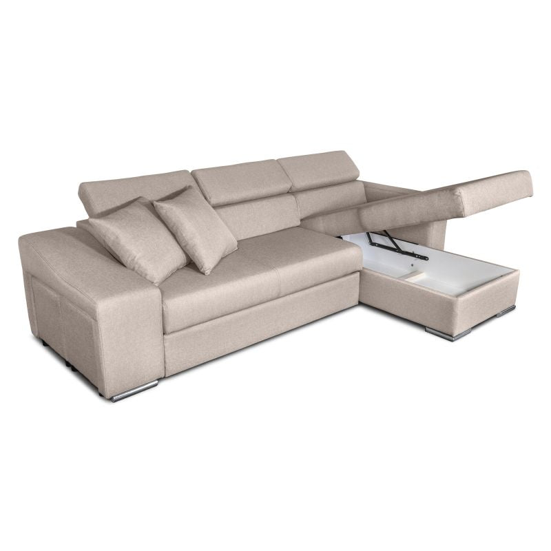 FERRO - Canapé d'angle réversible, convertible avec coffre et 2 poufs en tissu - Beige - Niche à gauche (vue de face)