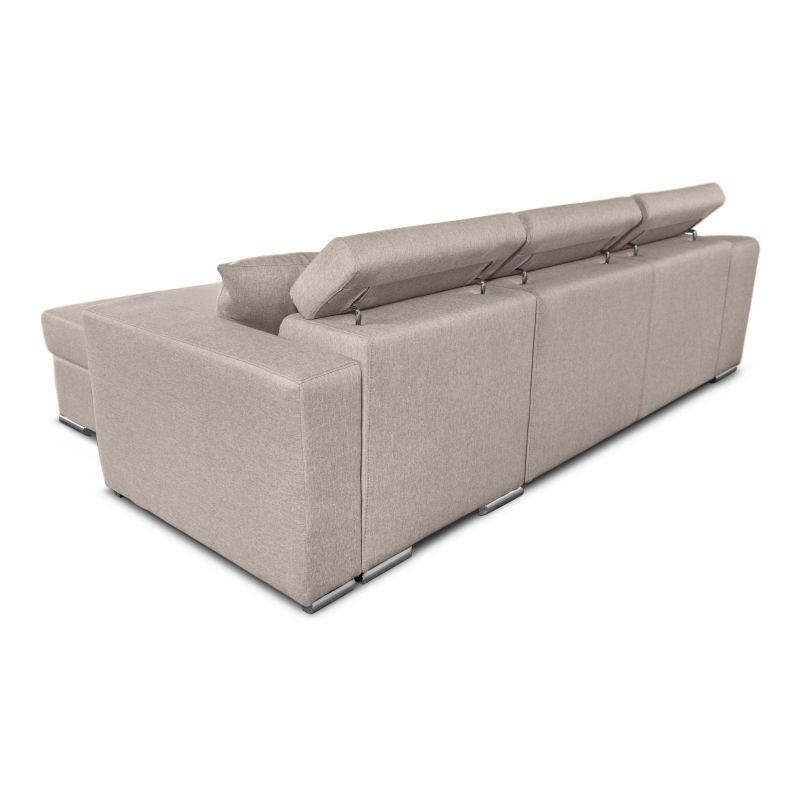 FERRO - Canapé d'angle réversible, convertible avec coffre et 2 poufs en tissu - Beige - Niche à gauche (vue de face)