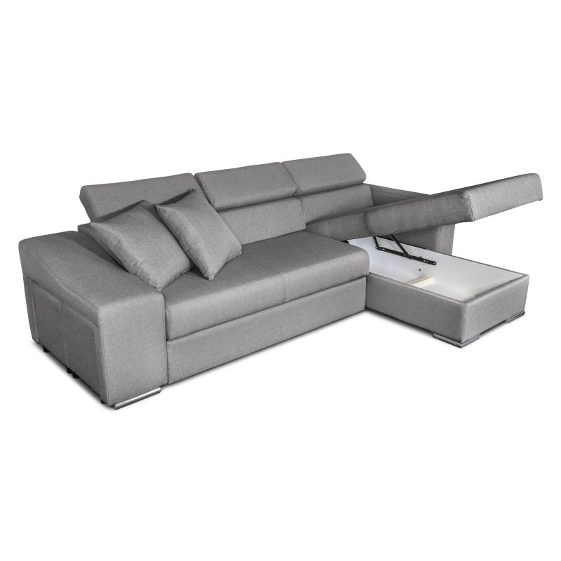 FERRO - Canapé d'angle réversible, convertible avec coffre et 2 poufs en tissu - Gris - Niche à gauche (vue de face)