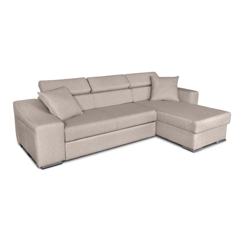 FERRO - Canapé d'angle réversible, convertible avec coffre et 2 poufs en tissu - Beige - Niche à gauche (vue de face)