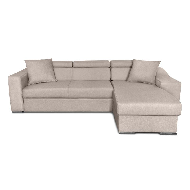 FERRO - Canapé d'angle réversible, convertible avec coffre et 2 poufs en tissu - Beige - Niche à gauche (vue de face)