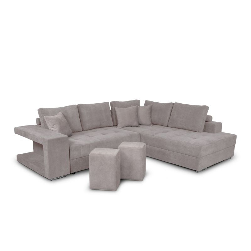 RIVEN - Canapé d'angle convertible avec 2 poufs et coffre en tissu - Gris clair - Angle droit