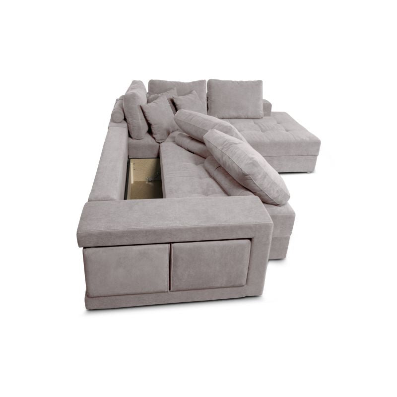 RIVEN - Canapé d'angle convertible avec 2 poufs et coffre en tissu - Gris clair - Angle droit