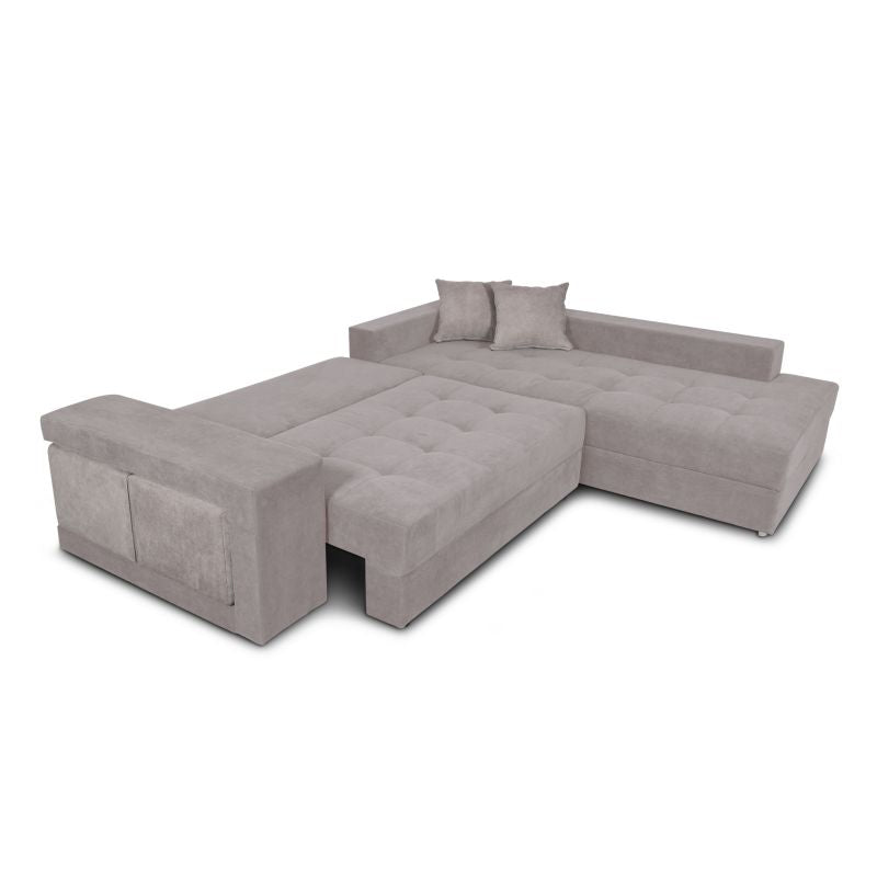 RIVEN - Canapé d'angle convertible avec 2 poufs et coffre en tissu - Gris clair - Angle droit