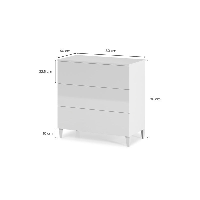 NANIA - Commode 3 tiroirs L80 cm - Blanc brillant