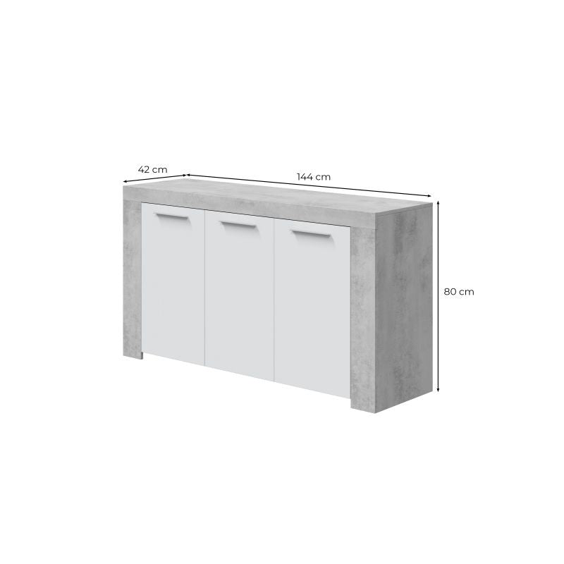 COBA - Buffet 3 portes L144 cm - Blanc/béton