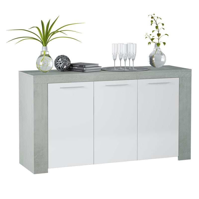 COBA - Buffet 3 portes L144 cm - Blanc/béton