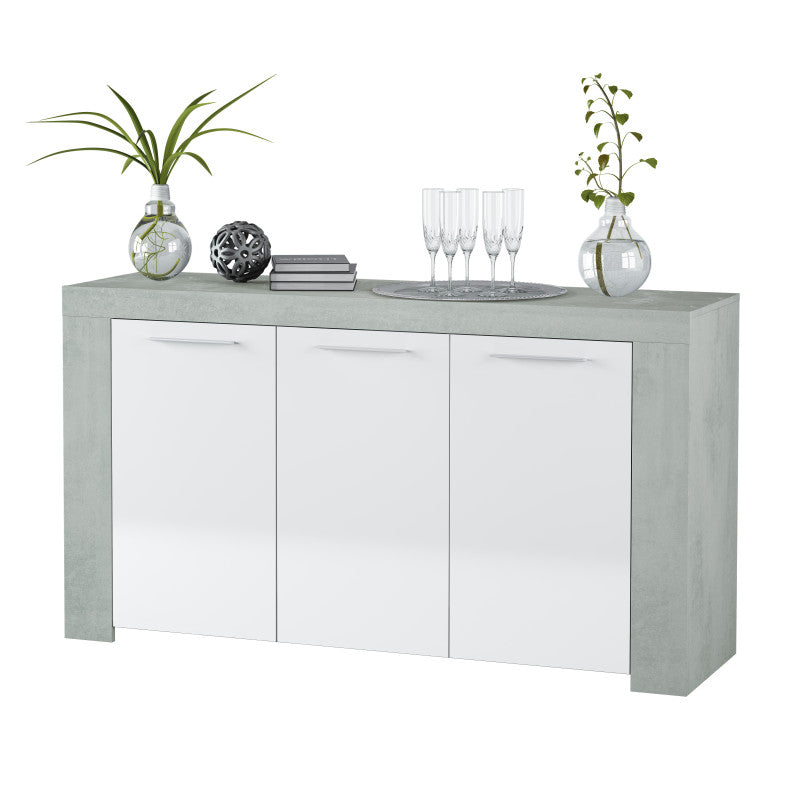 COBA - Buffet 3 portes L144 cm - Blanc/béton