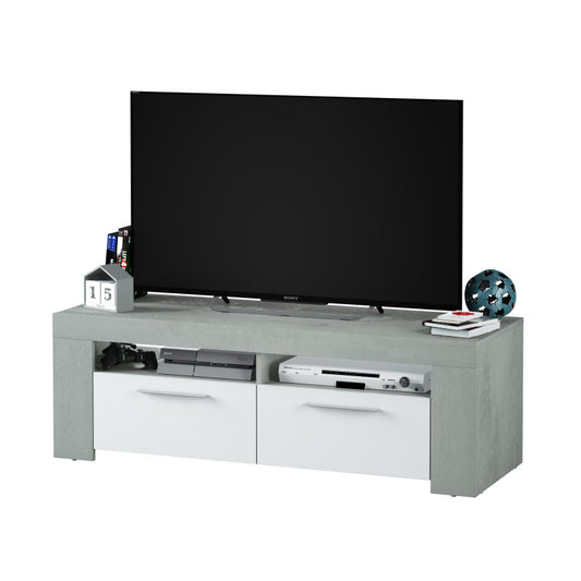 COBA - Meuble TV avec 2 portes et 2 niches de rangement L120 cm - Blanc/béton