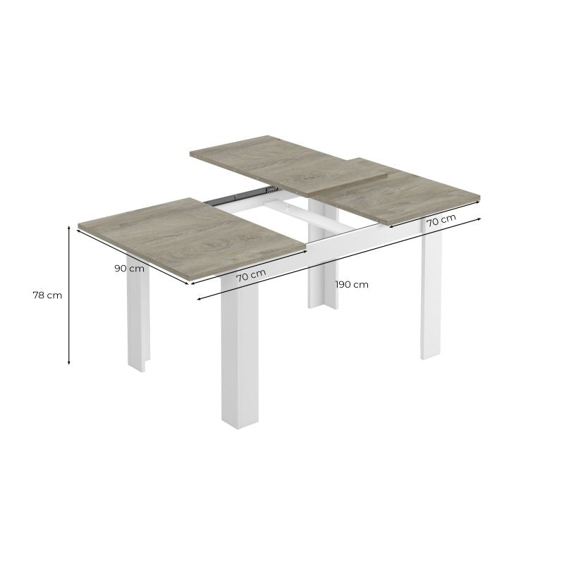 COBA - Table à manger extensible L140/190 cm - Blanc/bois blanchi