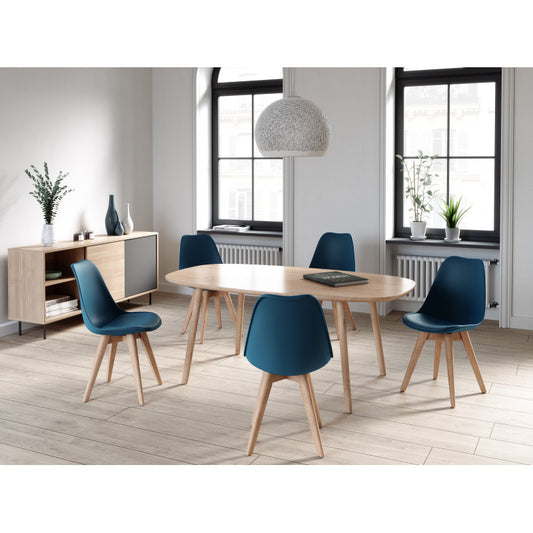 SAREN - Lot de 2 chaises scandinaves en polypropylène coussin simili pieds en bois - Bleu pétrole